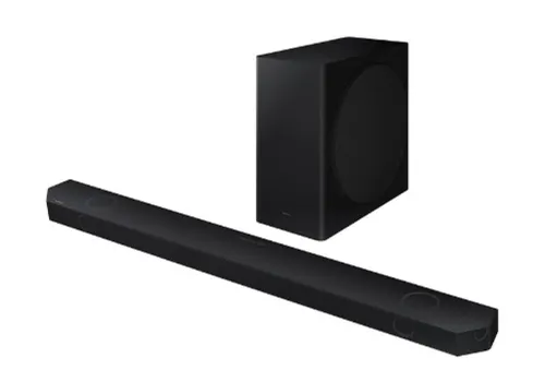 Soundbar comprida e entreita, com saída de som superior de caixa de woofer alta e estreita